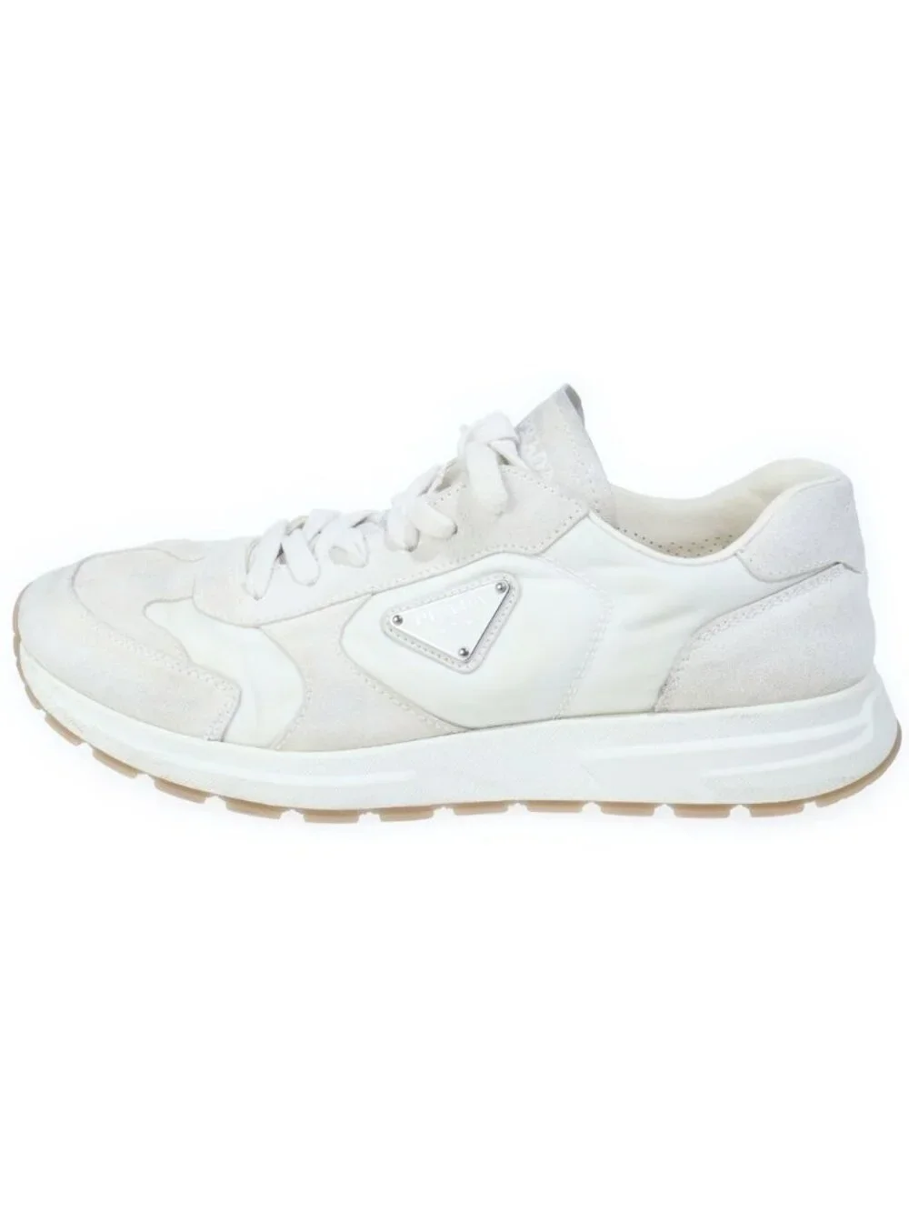 Prada Scamosciato Nylon Suede Linylon Triangle Logo Low Cut Sneakers White