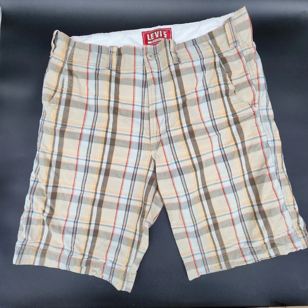 Levis Mens W 36 Seaside Flat Front Shorts White Blue Brown Check‎ Cotton EUC