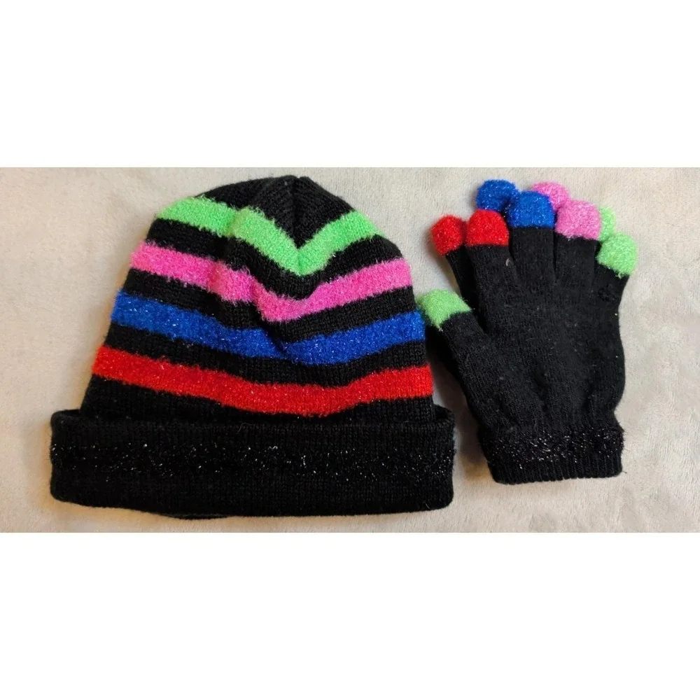 Vintage‎ Neon Beanie Hat & Gloves Set Black Stripe 90s Winter Kids