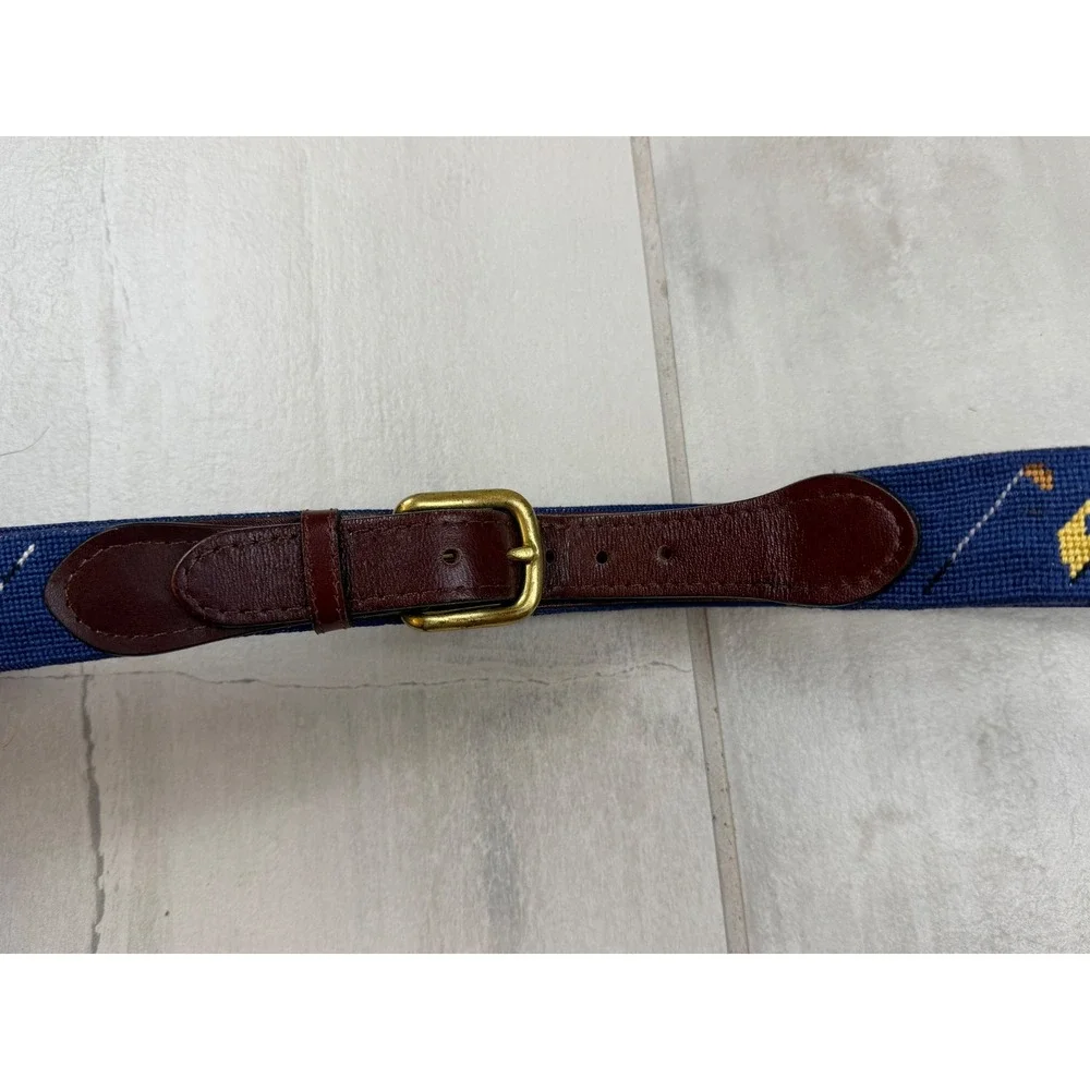 Smathers & Branson Mens Needlepoint Golf Belt Navy Blue Leather Size 36