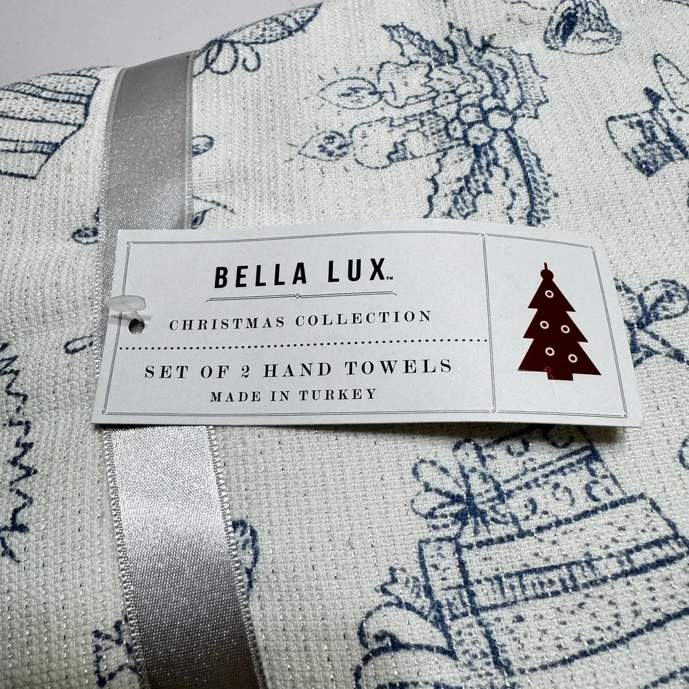 Set 2 Bella Lux White Blue Sparkly Christmas Bathroom Hand Towels 100% Cotton