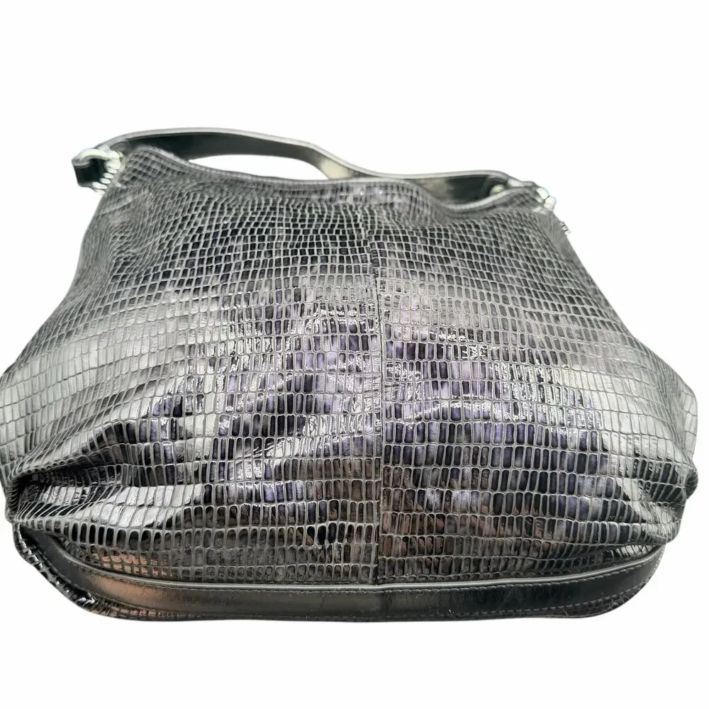Wanlima Black & Purple Croc Embossed Leather Hobo Shoulder Bag Large