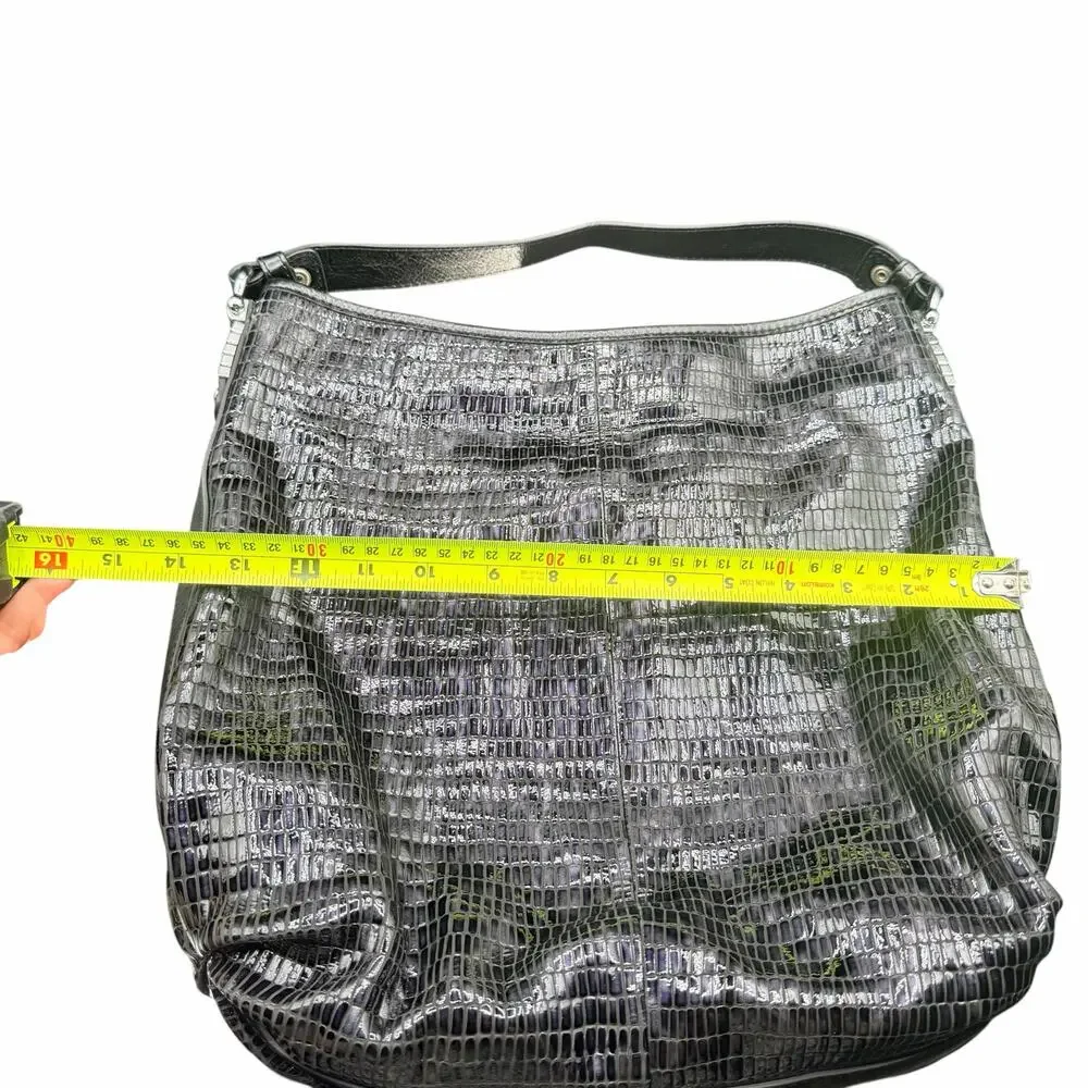 Wanlima Black & Purple Croc Embossed Leather Hobo Shoulder Bag Large