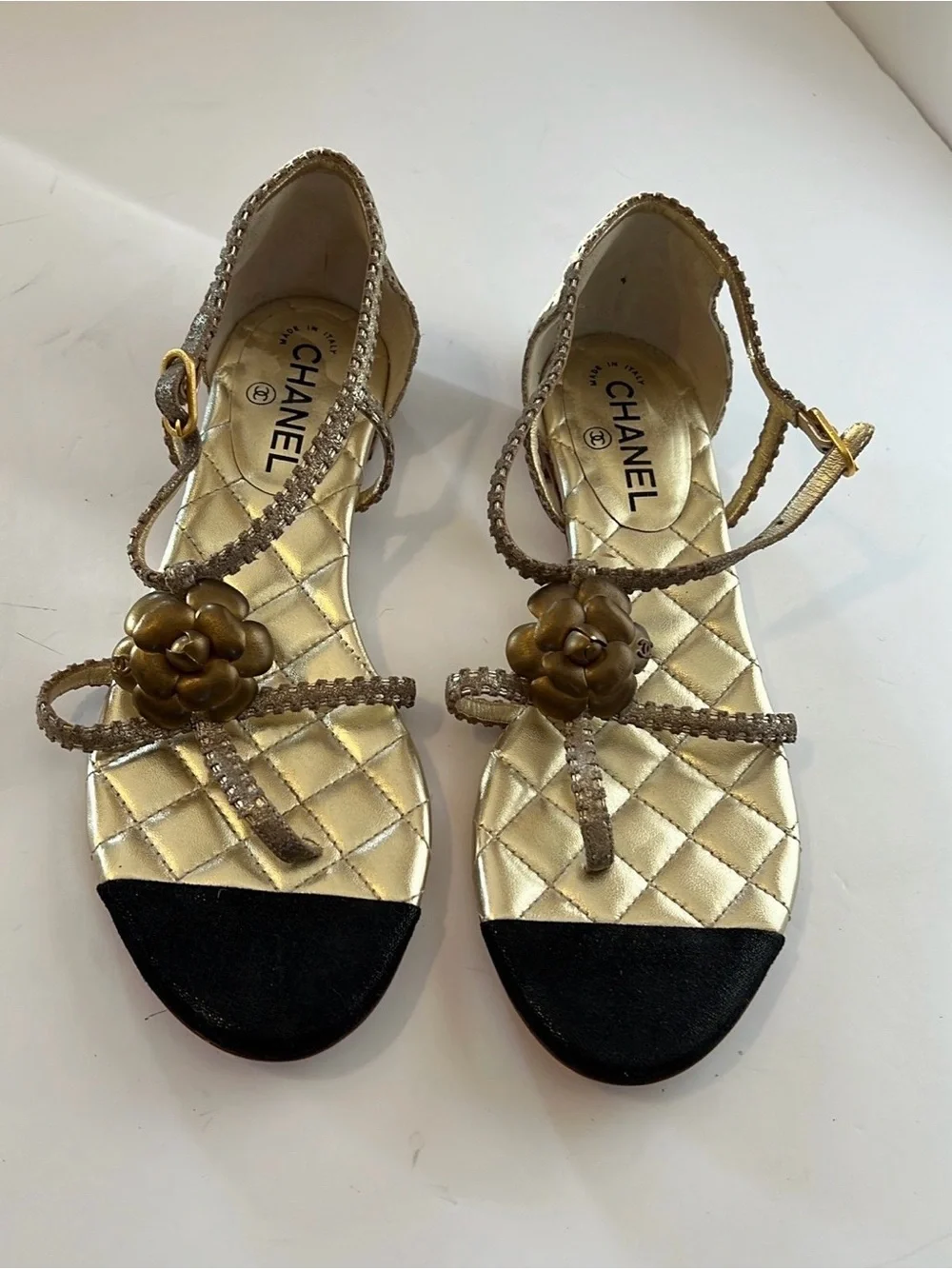 Chanel Gold Quilted CC Camelia Sandals‎