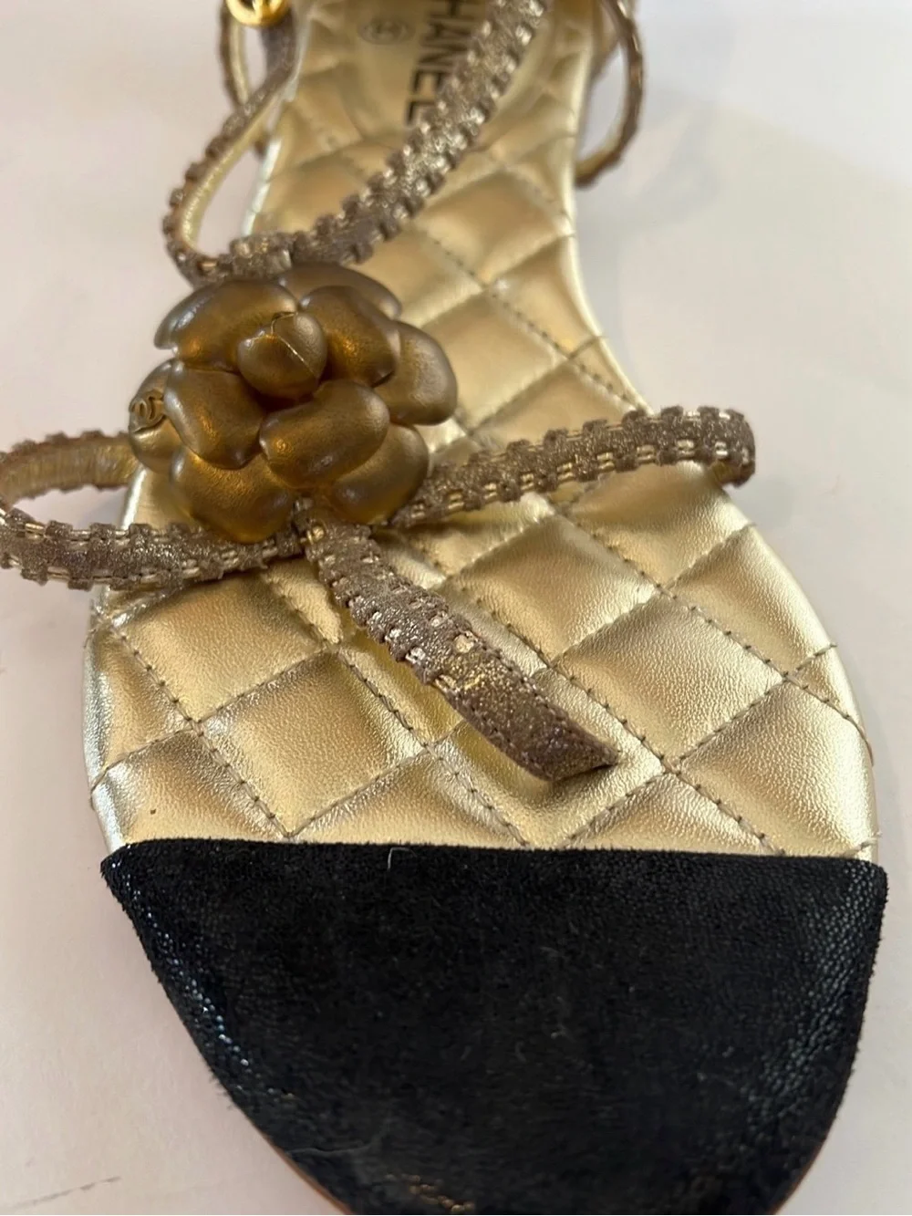 Chanel Gold Quilted CC Camelia Sandals‎