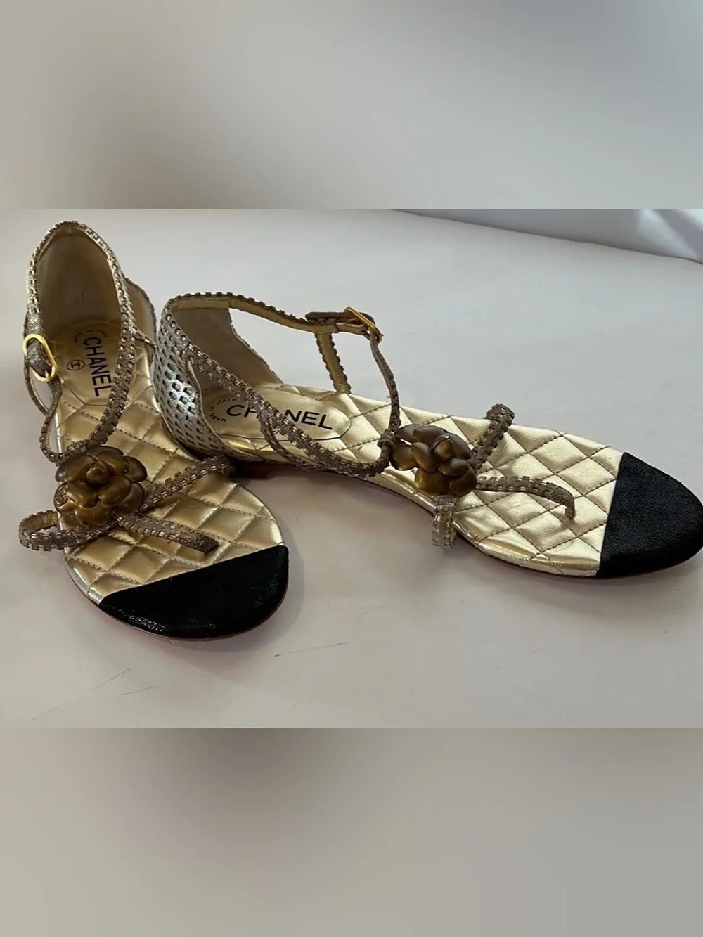 Chanel Gold Quilted CC Camelia Sandals‎