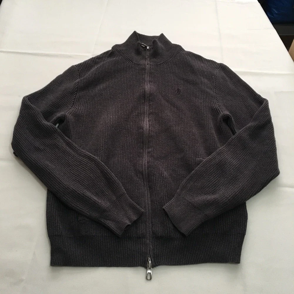 Polo Ralph Lauren Full Zip Sweater Mens Medium Dark Gray Ribbed Cotton Knit