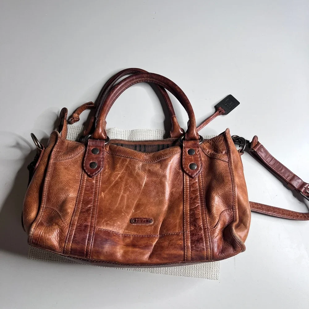 Frye‎ Melissa Satchel Cognac Brown Leather Crossbody Handbag Distressed Medium