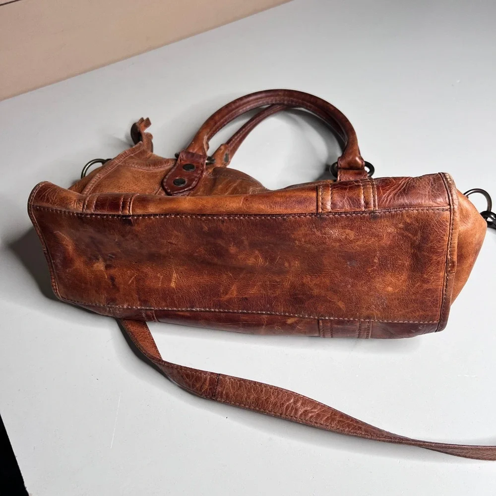 Frye‎ Melissa Satchel Cognac Brown Leather Crossbody Handbag Distressed Medium