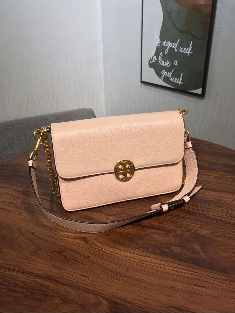 Tory Burch Blush Pink Leather Shoulder Bag with Gold Chain