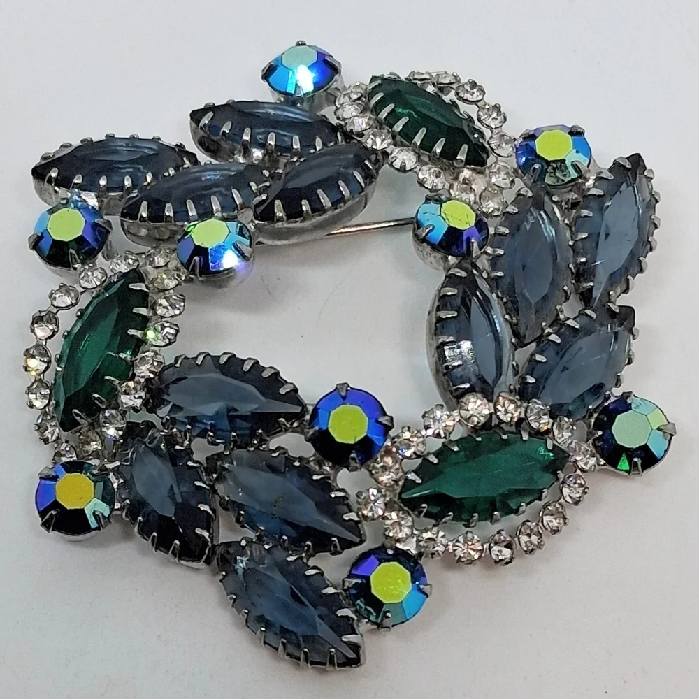 * Vintage Green & Blue With AB Crystals Pin Brooch