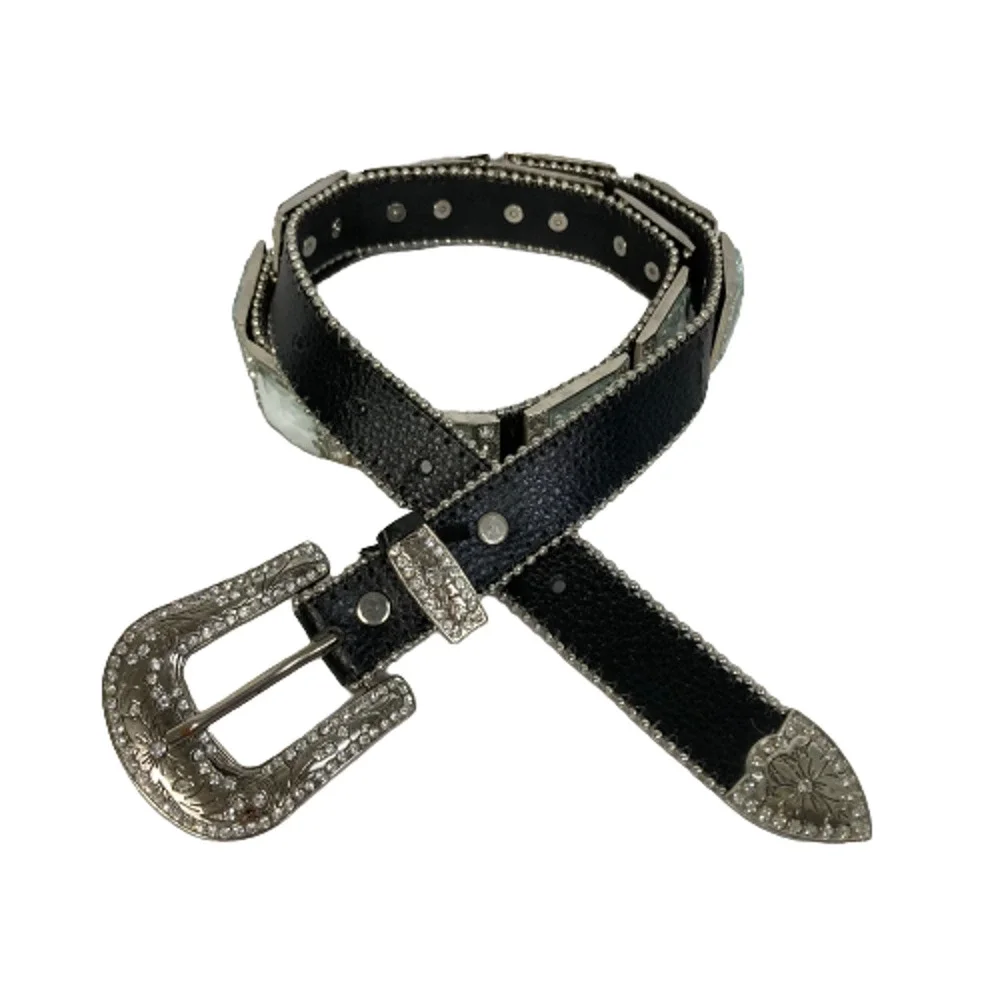 Boutique Belt Womens Sz L Black Leather Rhinestone‎ Buckle Adjustable Western