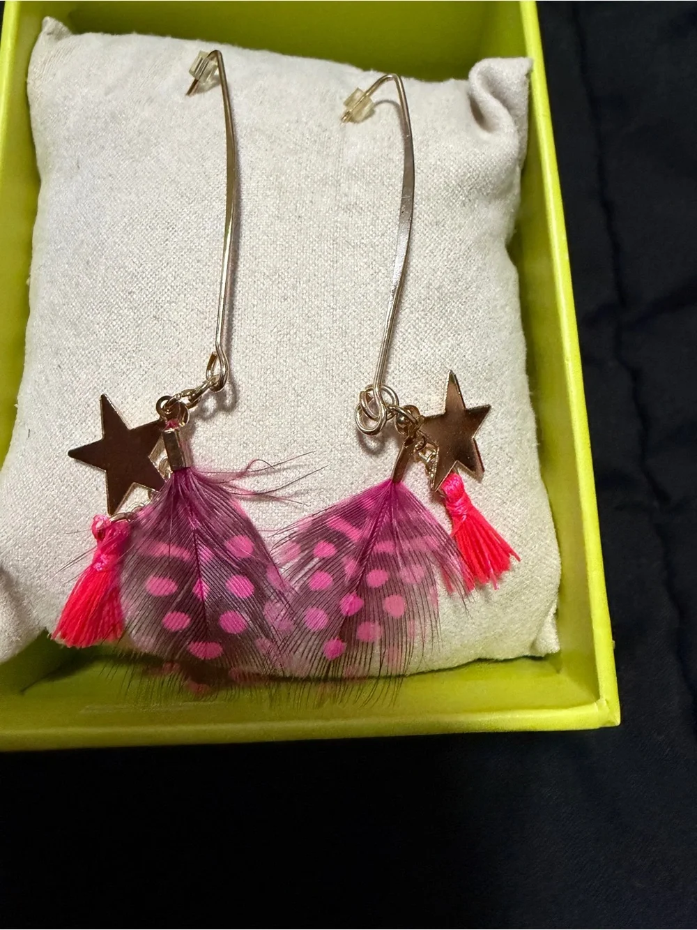 Tory Burch Feather Tassel Drop Earrings Gold Toned Pink Polka Dot Original box