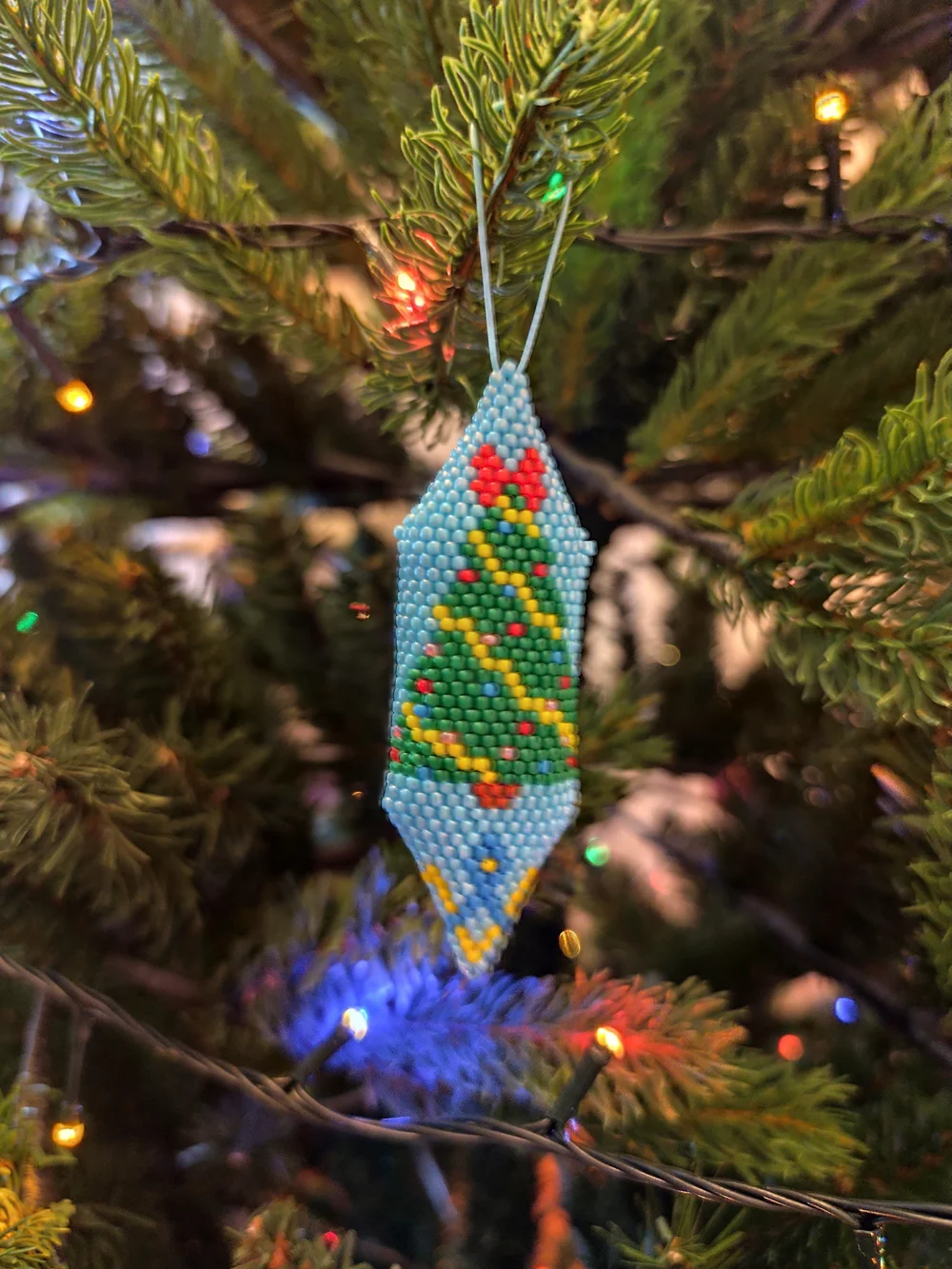 Blue Beaded Holiday Tree Ornament with Green Christmas Tree Design
