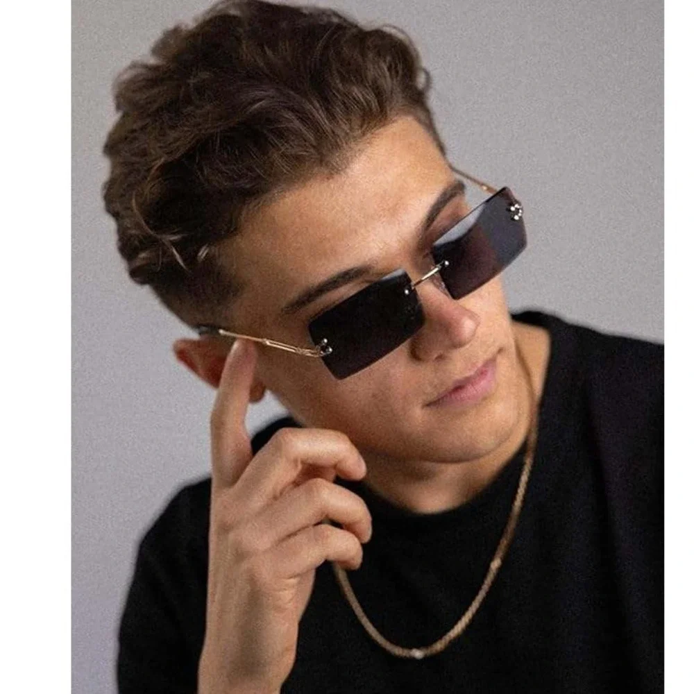 Rimless Rectangle‎ Sunglasses Men Women Fashion Trendy Shades Style Dark Black