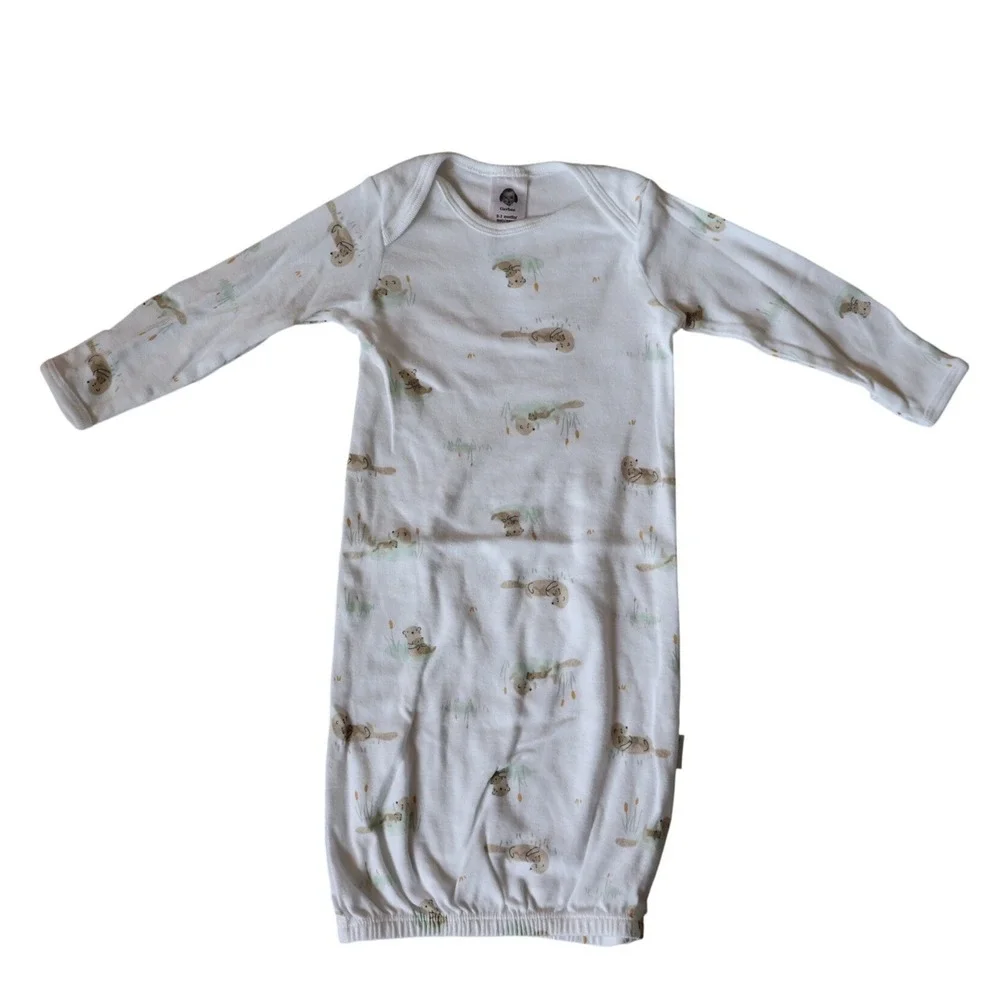 Gerber Baby Gown 0-3 Months White Otter Print Cotton Long Sleeve Sleeper Gown