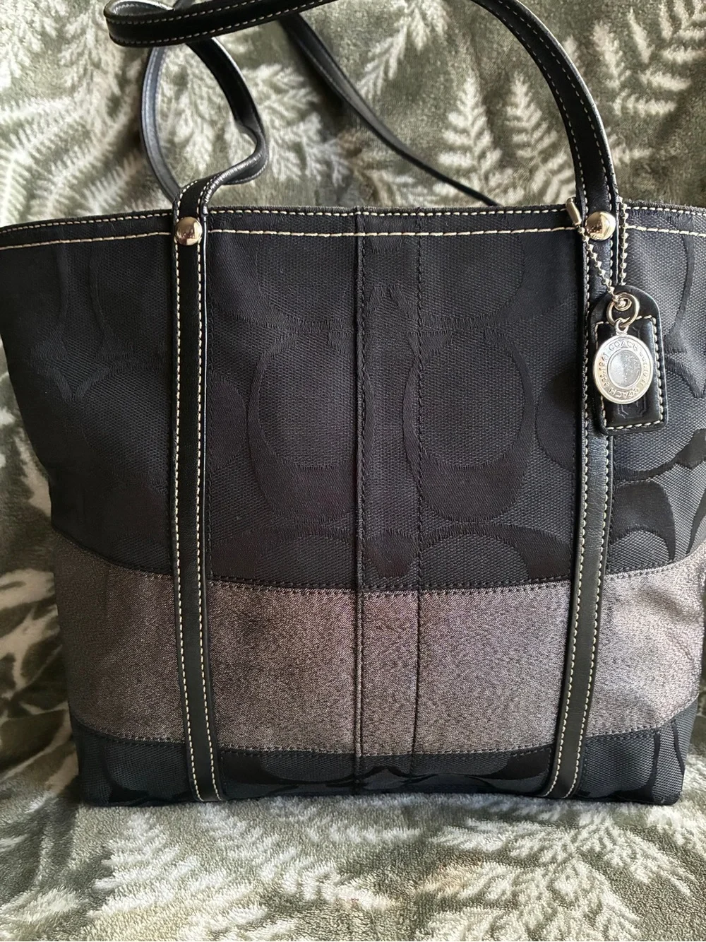 Coach Black Tote with Gray Stripe and Leather Trim