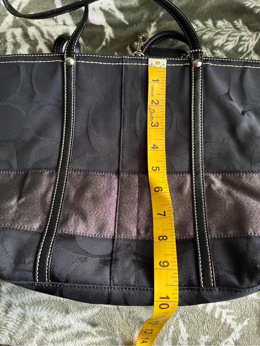 Coach Black Tote with Gray Stripe and Leather Trim