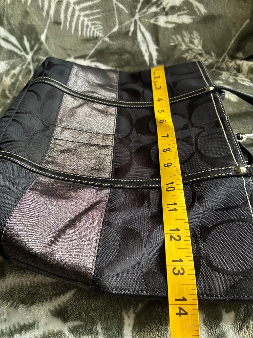 Coach Black Tote with Gray Stripe and Leather Trim