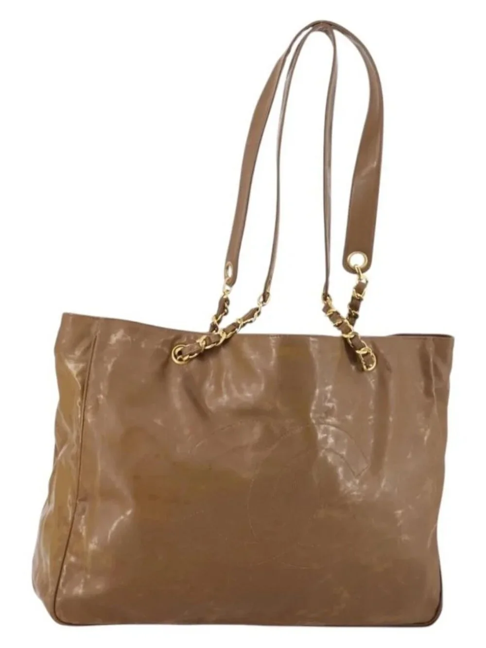 CHANEL Tote Bag Enamel Brown Gold CC Auth bs29208