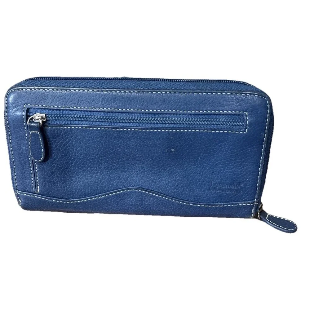 Tignanello Blue Pebbled Genuine Leather Zip Around Wallet Organizer Pocketbook