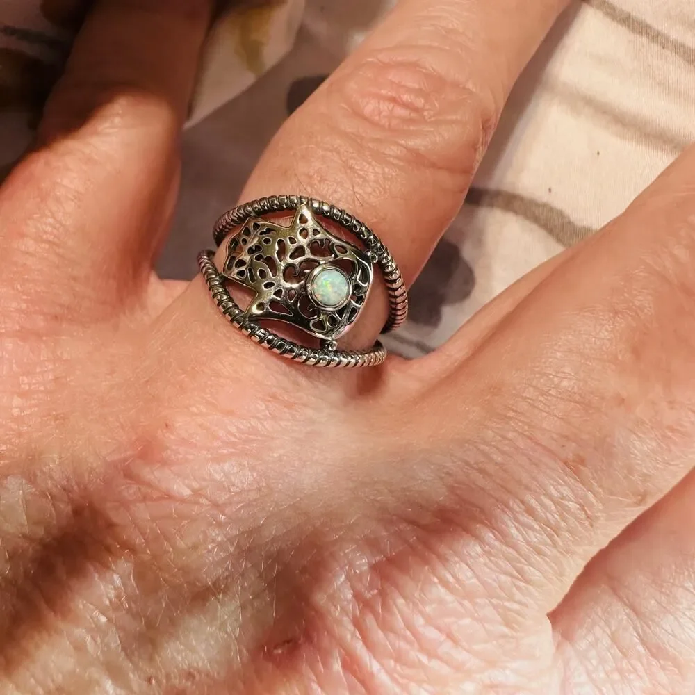Sterling Silver Lab Opal Hamsa Ring