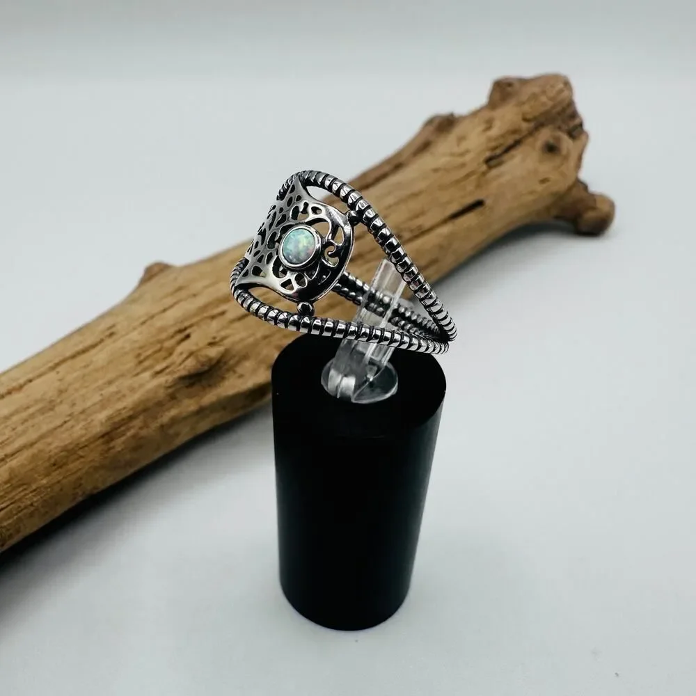 Sterling Silver Lab Opal Hamsa Ring