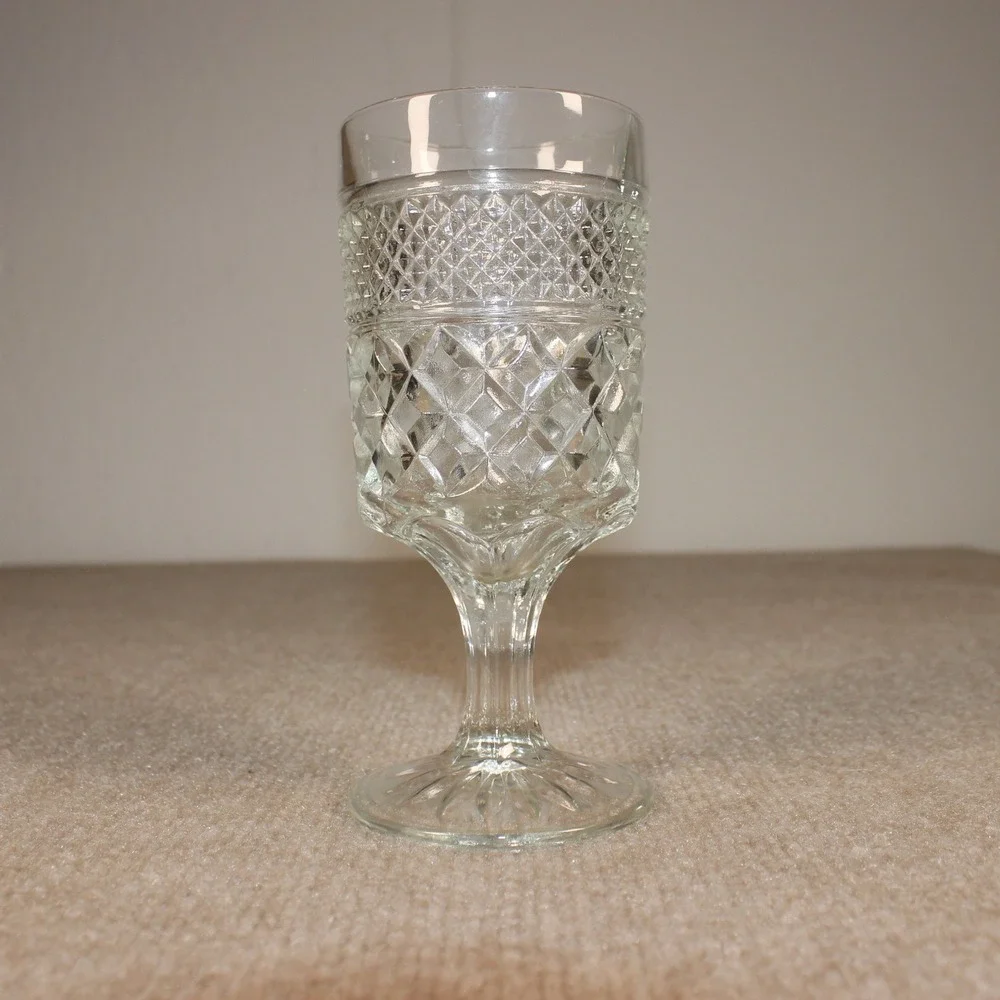 Vintage Clear Pressed Glass Goblet Diamond Cut Pattern Stemware Water Wine Glass