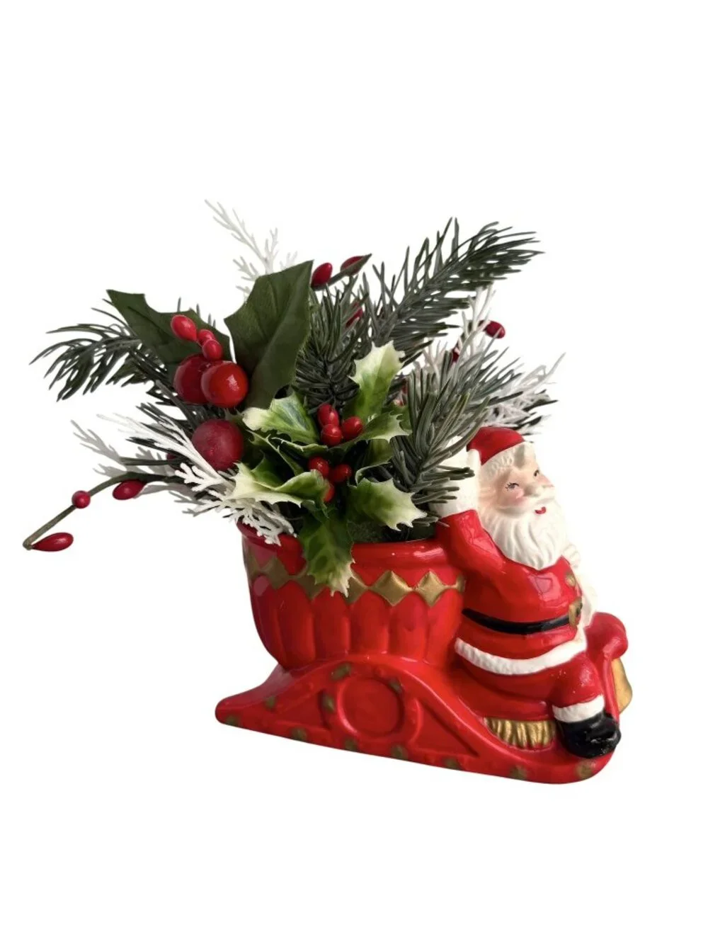Vintage Inarco Ceramic Waving Santa in Sleigh Planter 5