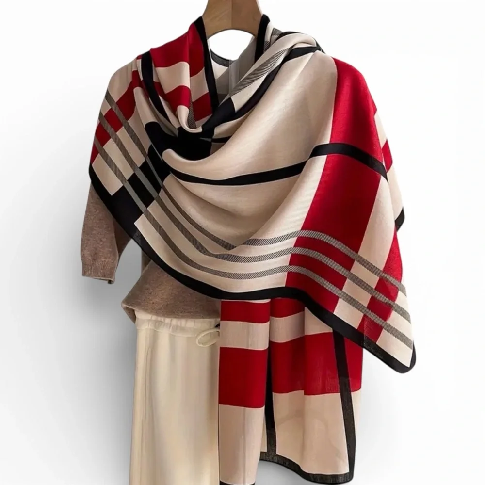 Luxurious Plaid Shawl/Scarf In Cream with Red, Gray and Black New