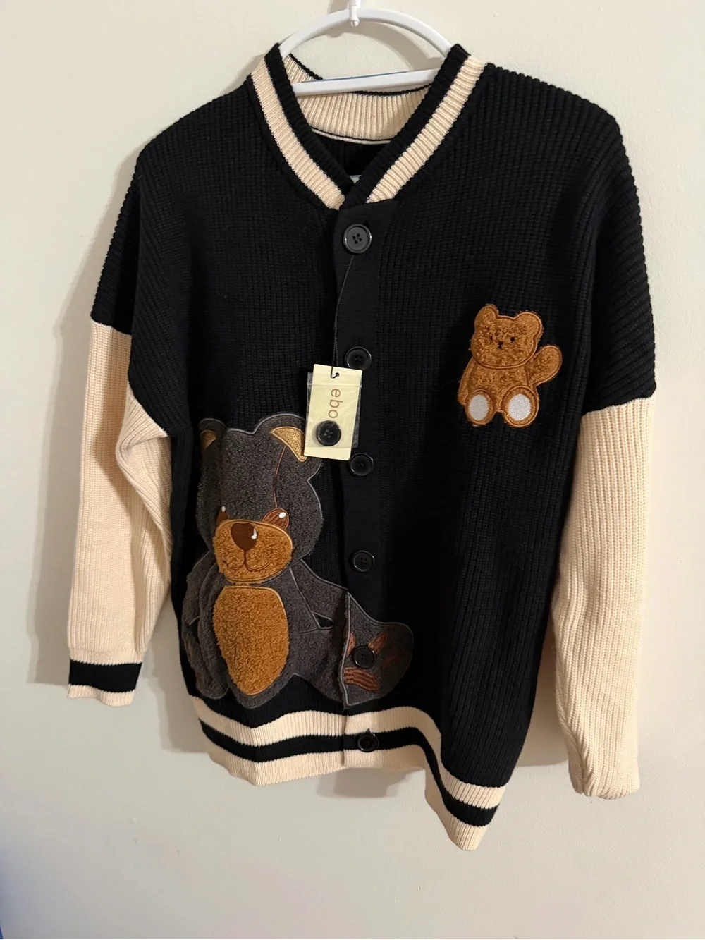 Black & Cream Teddy Patch Button Cardigan Sweater Size M