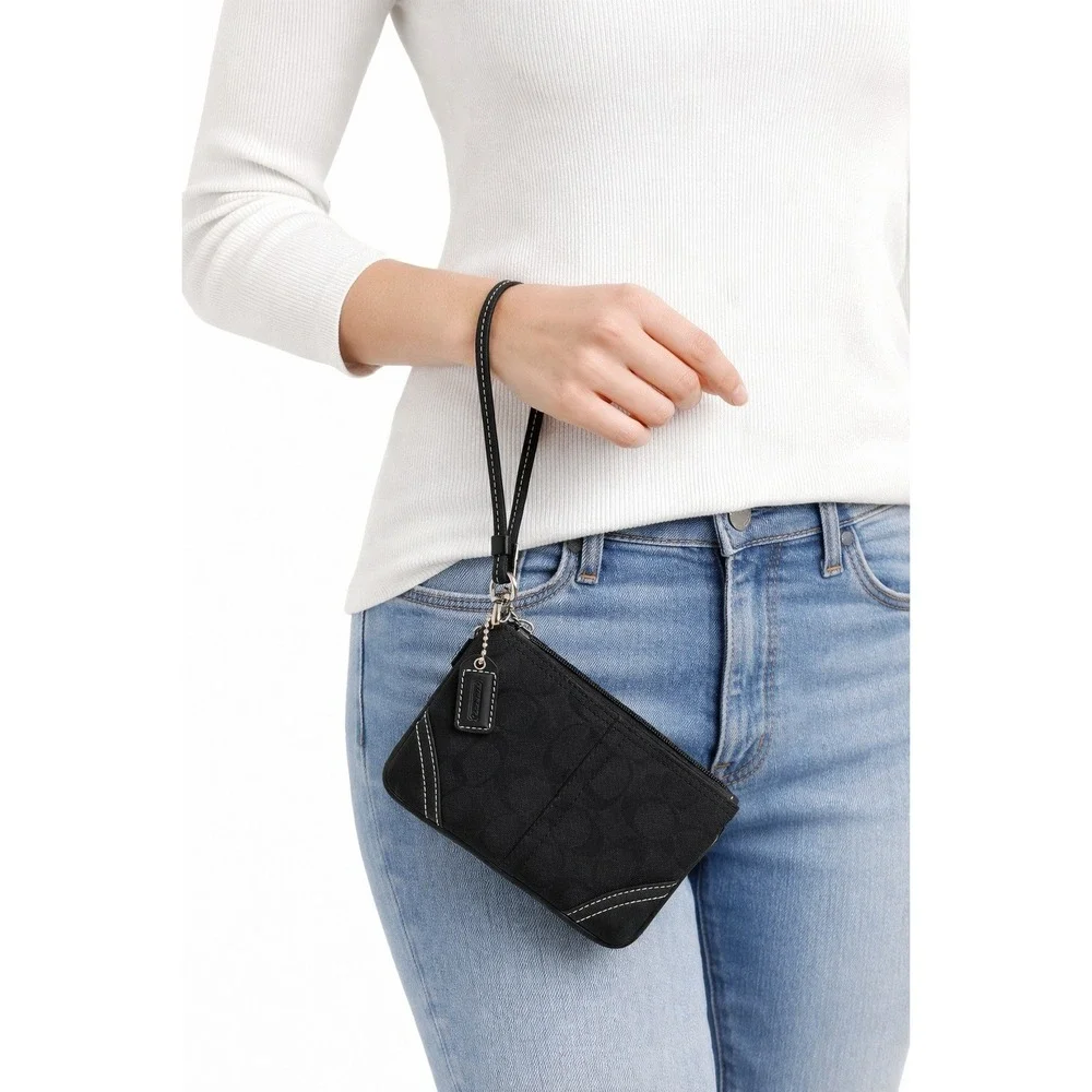 COACH Mini Signature Jacquard Wristlet‎ Black Leather Trim Small Purse