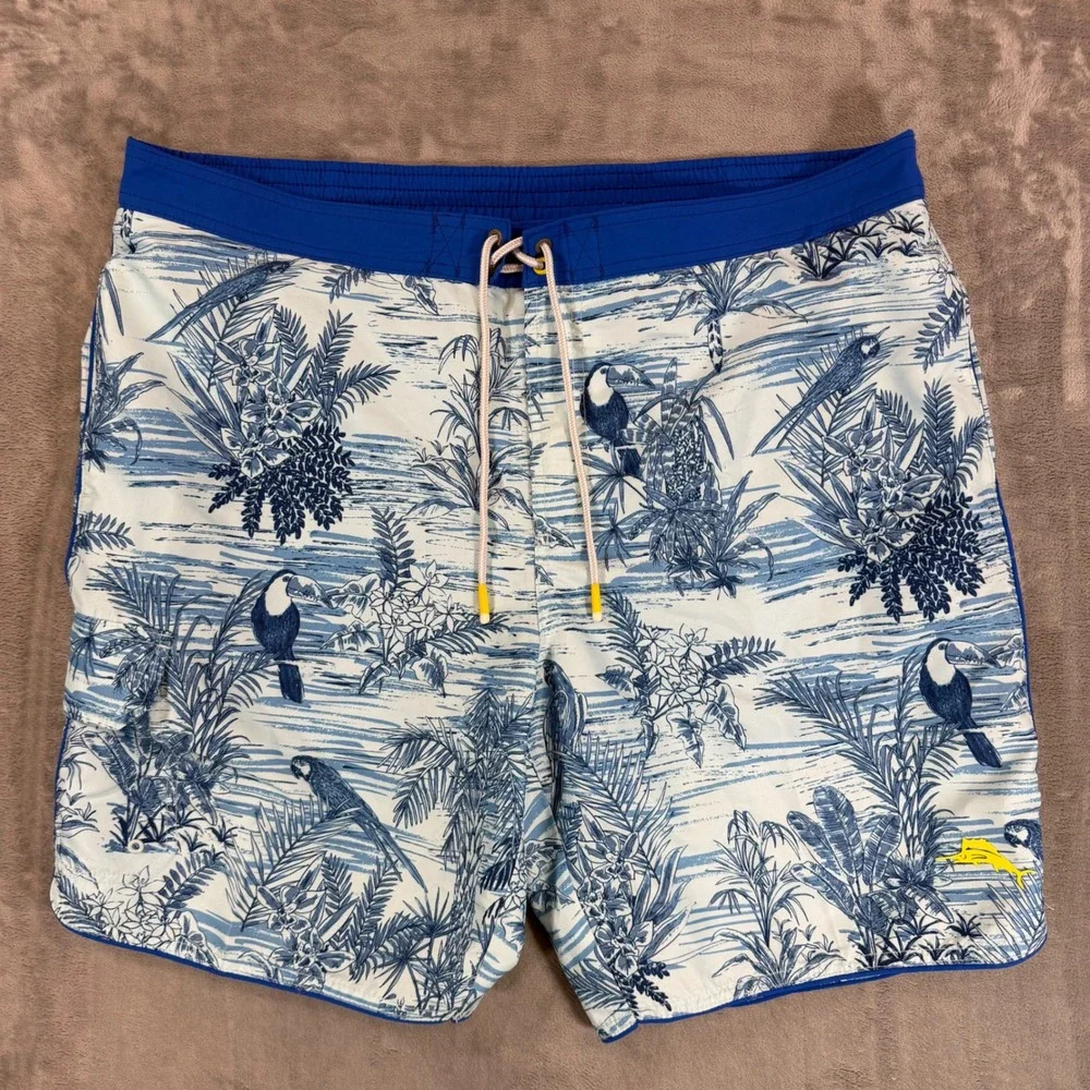 Tommy Bahama Tropical Lined Swim Shorts Men's Size XXL Blue White‎ Swim Trunks