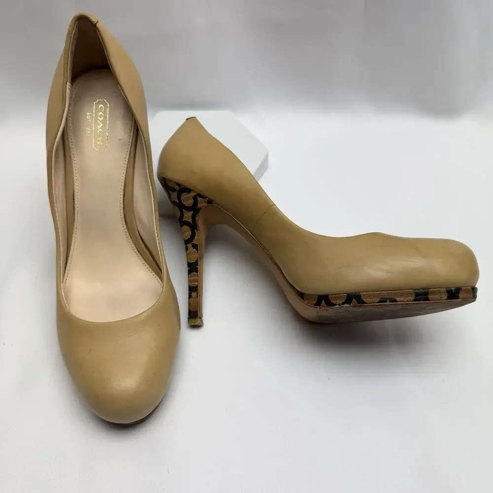 Coach Alexa Pumps Size 10B Nude Leather Heels Signature Logo Platform Stiletto