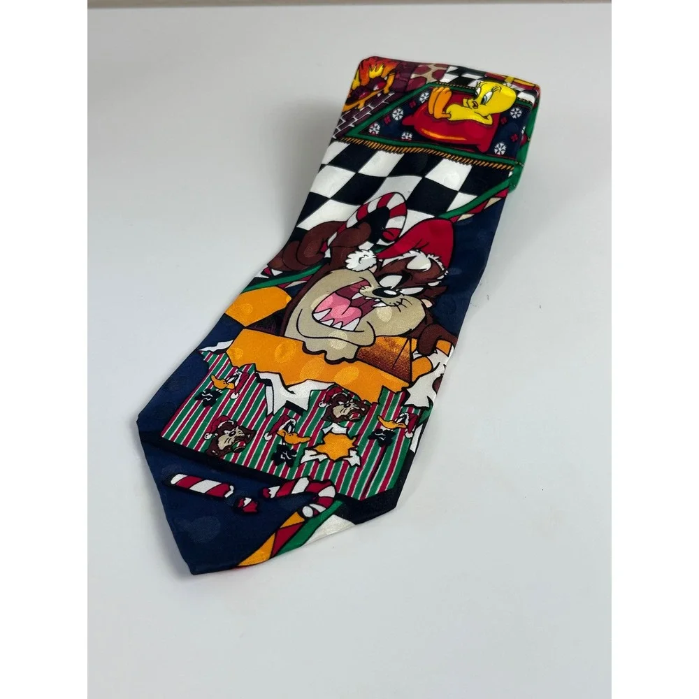 Vintage Looney Tunes Christmas Necktie 100% Silk Daffy Duck Sylvester‎ Taz