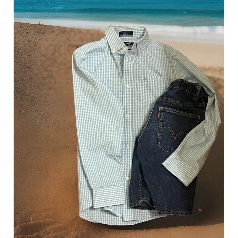 LOT 2 Boys‎ Medium 10 12 IZOD Dress Shirt Blue Plaid LEVIS Jean Shorts 511 Slim