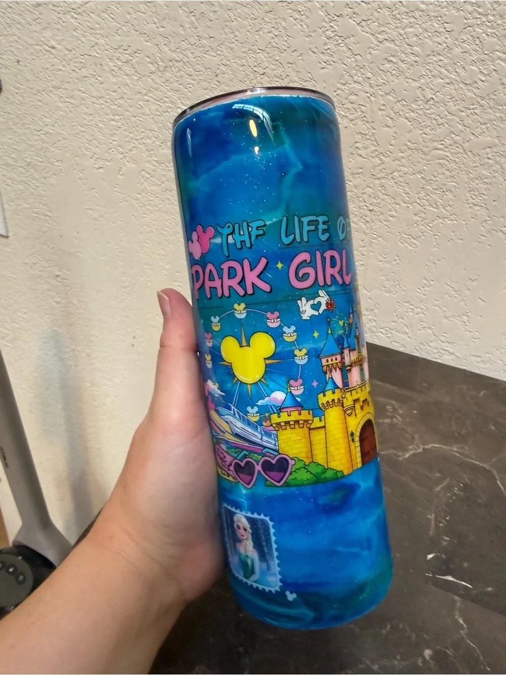 The Life of a Park Girl in My Disney Era Blue Glitter 20 oz Skinny Tumbler Cup