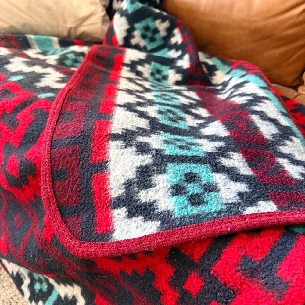 Vintage MCM Geometric Acrylic‎ Blanket Teal Burgundy Reversible 56x76 Soft Mod