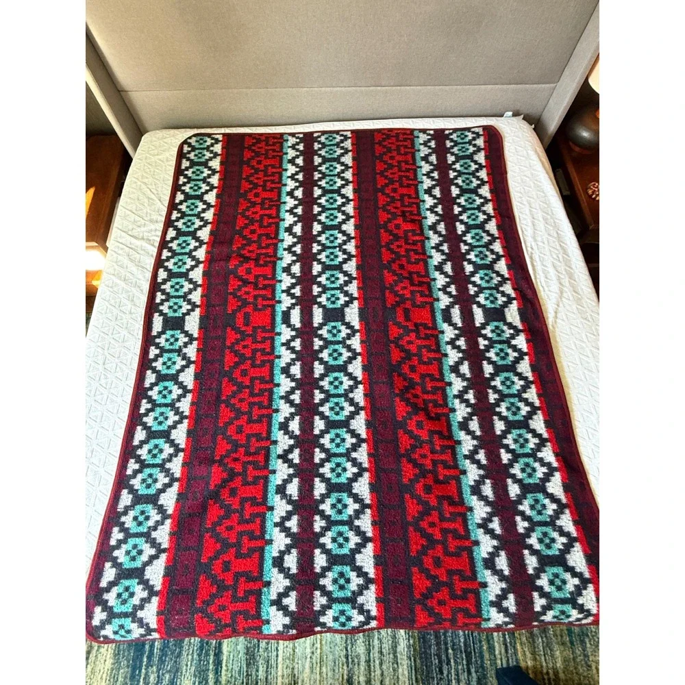 Vintage MCM Geometric Acrylic‎ Blanket Teal Burgundy Reversible 56x76 Soft Mod