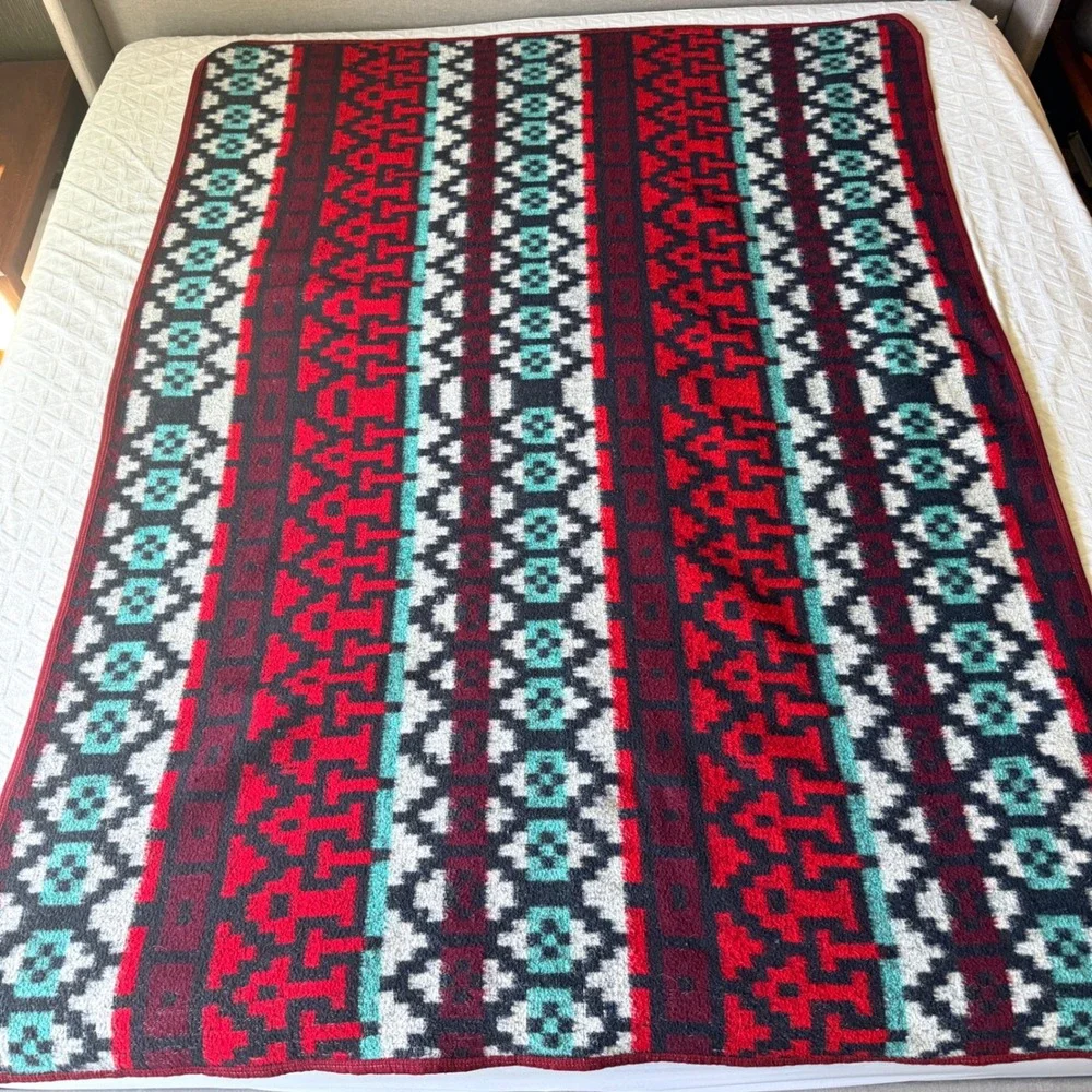 Vintage MCM Geometric Acrylic‎ Blanket Teal Burgundy Reversible 56x76 Soft Mod