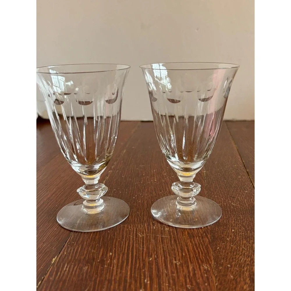 Vintage Cut Crystal Wine Goblets Set‎ of 2 Fluted Thumbprint Stemware 5.25 Inch