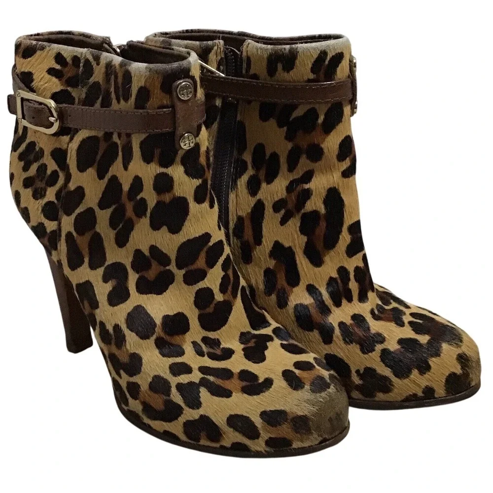 Tory Burch size 8 Laila leopard 50mm‎ booties/printed calf hair #42164 Flaw READ