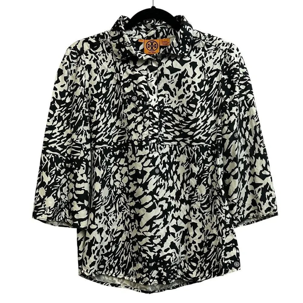 Tory Burch Black & White 100% Silk Double T Logo Tunic Shirt Size 6