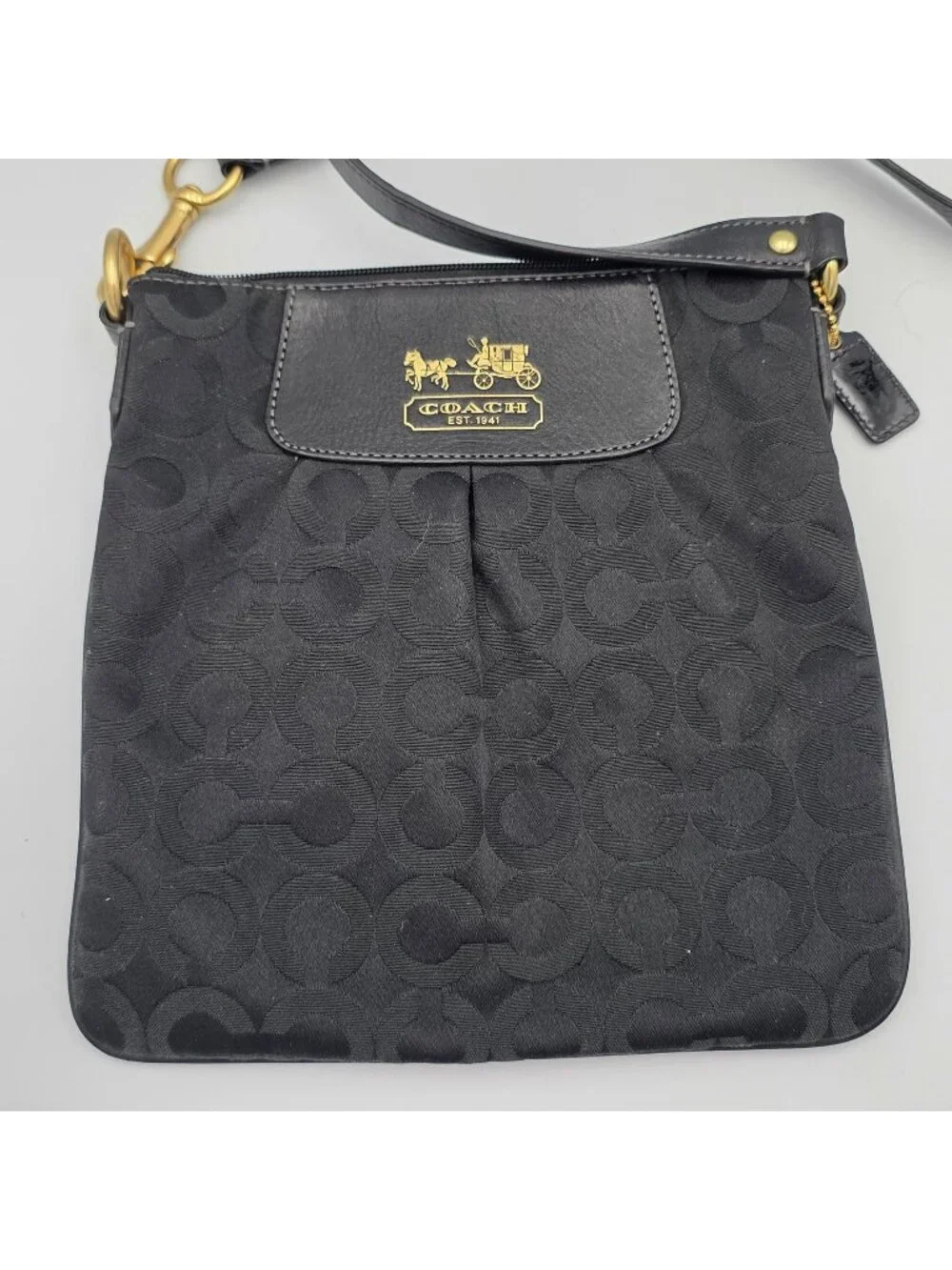 Coach Black Crossbody Bag Signature Jacquard Fabric Leather Accents Strap