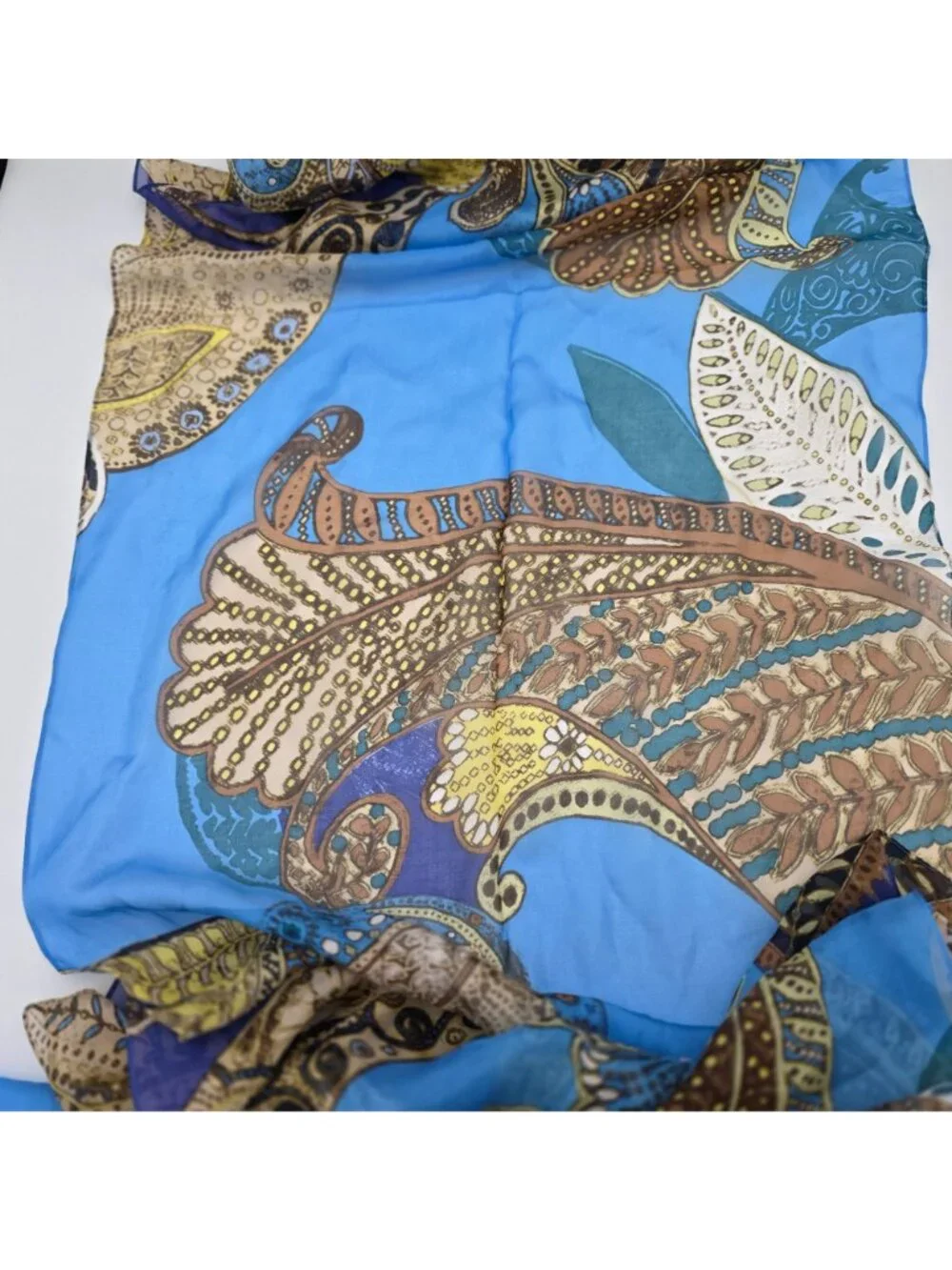 Anne Klein Womens 100% Silk Scarf With Paisley & Floral Print In Blue Brown Gold