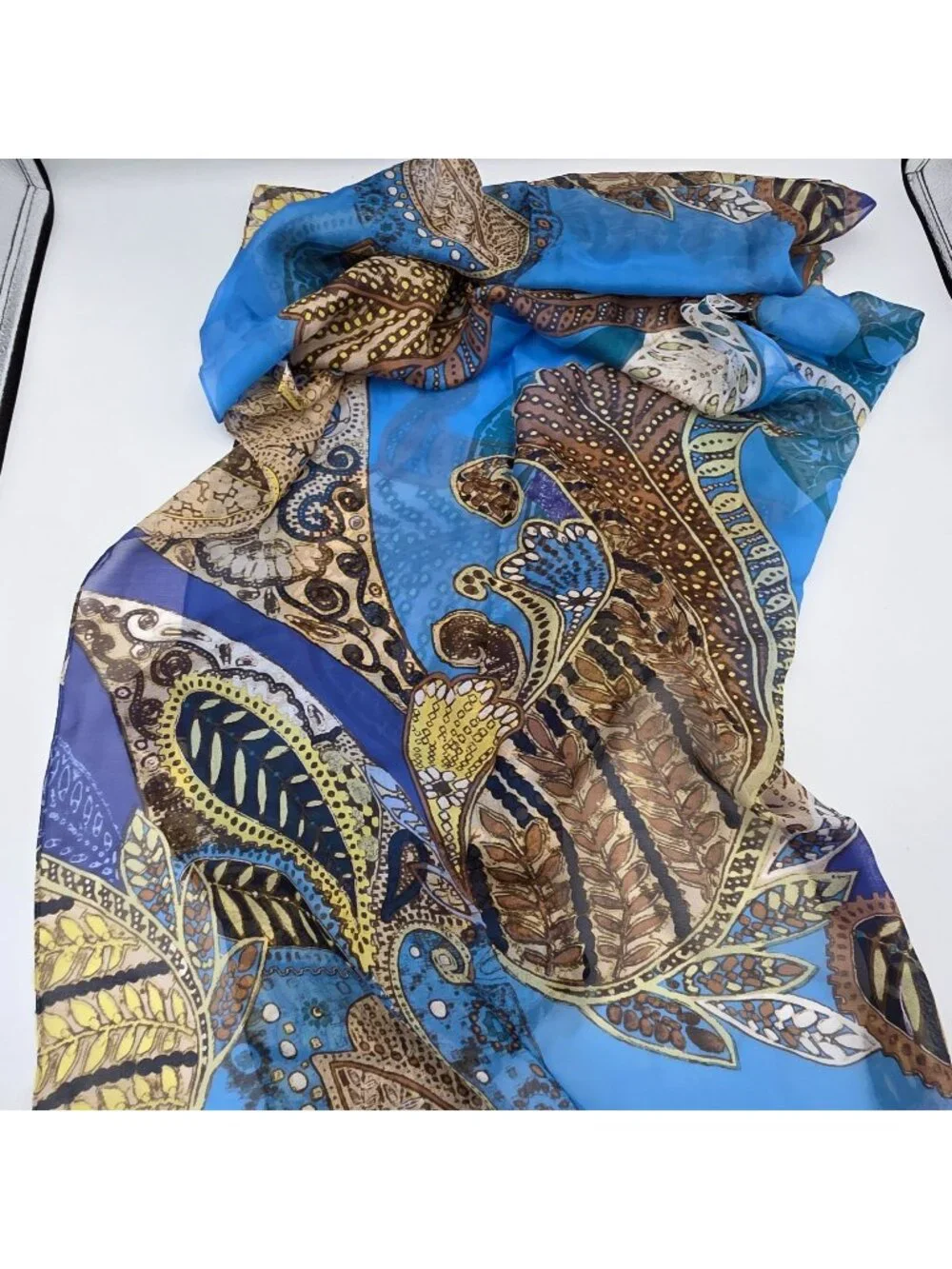 Anne Klein Womens 100% Silk Scarf With Paisley & Floral Print In Blue Brown Gold