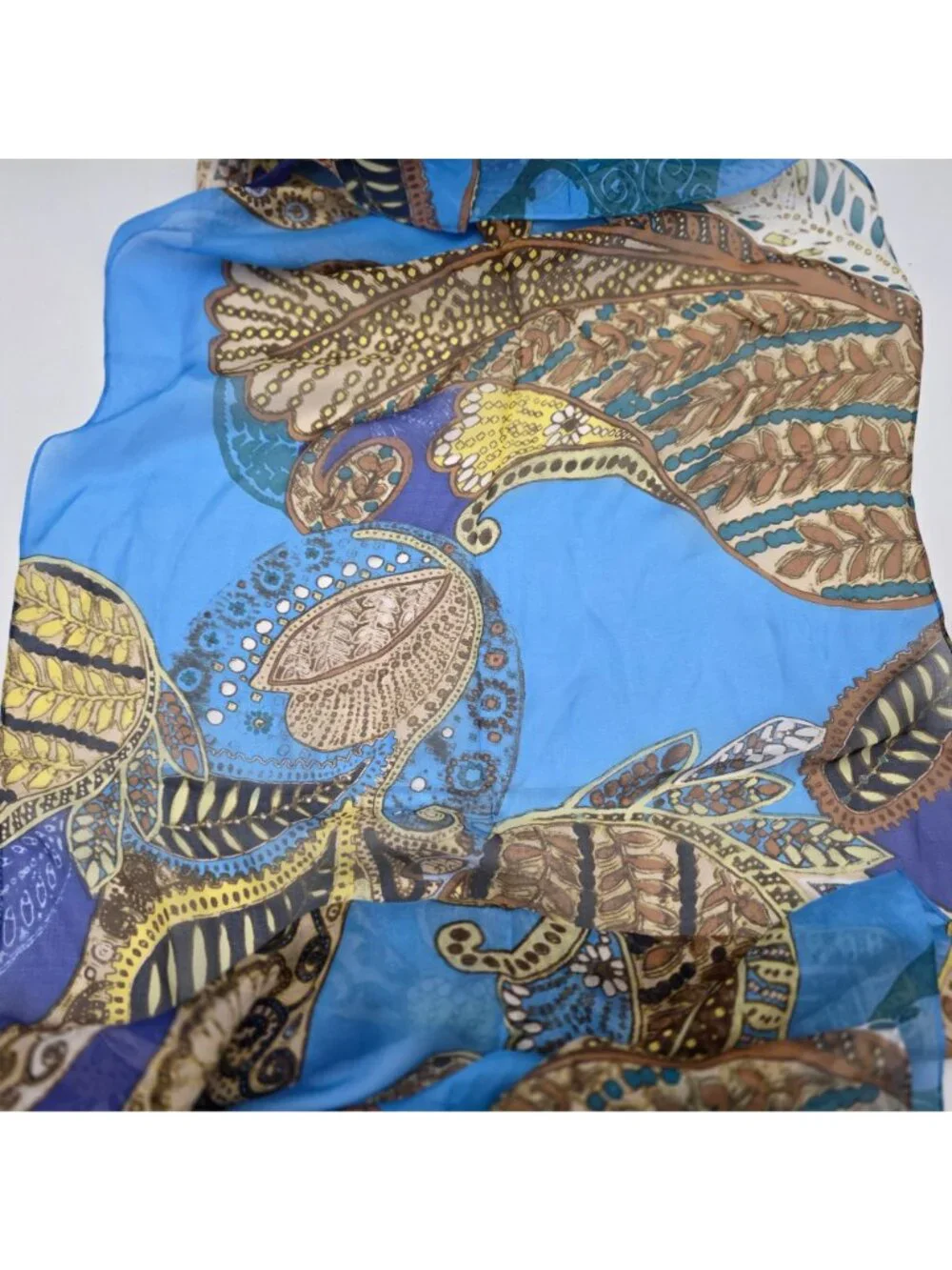 Anne Klein Womens 100% Silk Scarf With Paisley & Floral Print In Blue Brown Gold