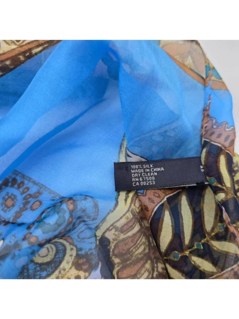 Anne Klein Womens 100% Silk Scarf With Paisley & Floral Print In Blue Brown Gold