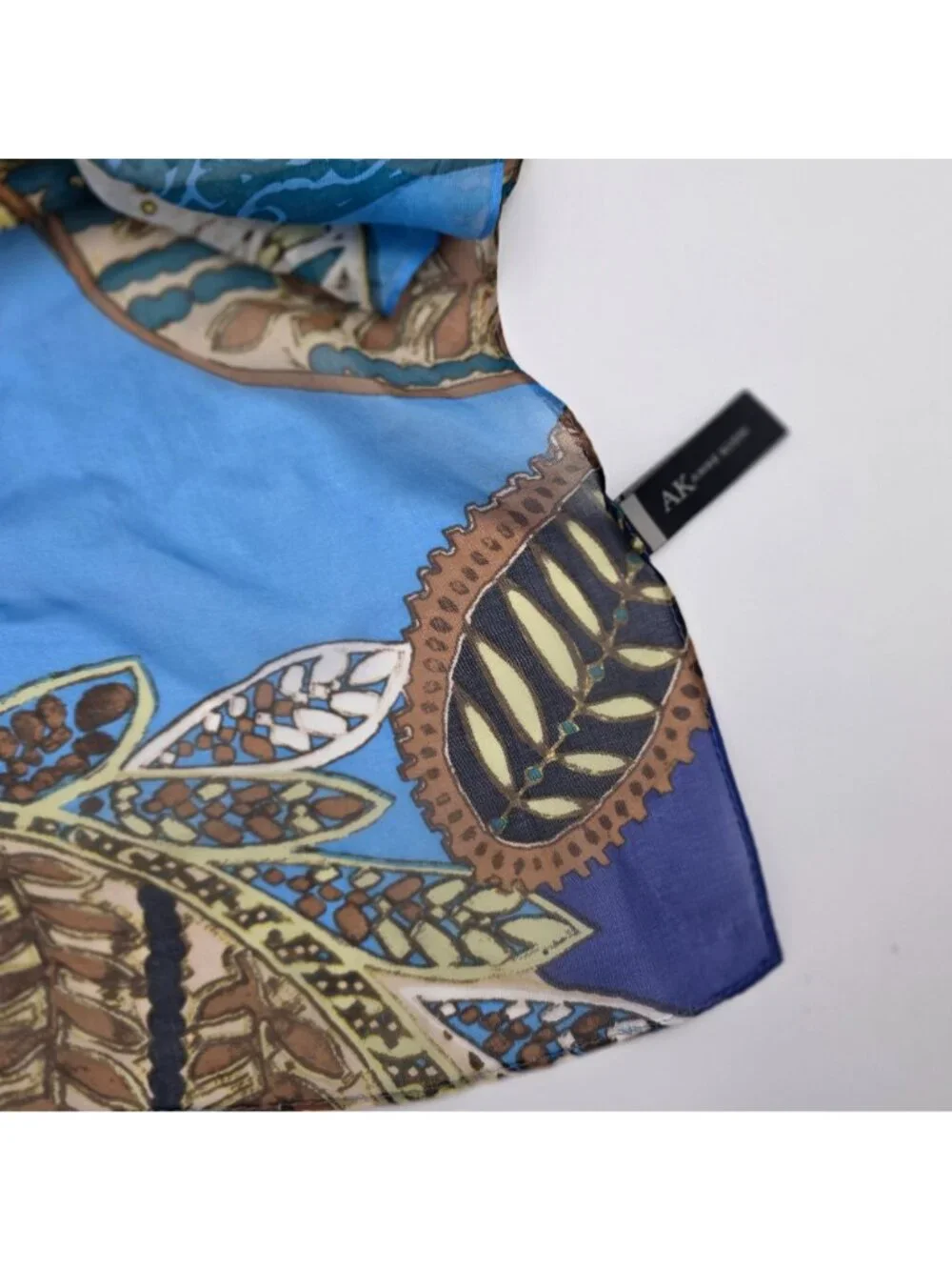 Anne Klein Womens 100% Silk Scarf With Paisley & Floral Print In Blue Brown Gold
