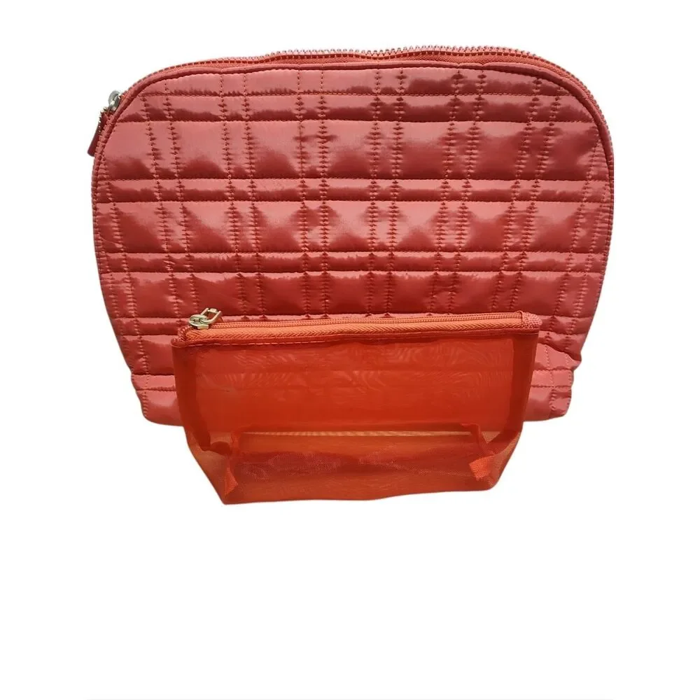 Sonia Kashuk Cosmetic Bag Set  Coral Quilted Zip Up